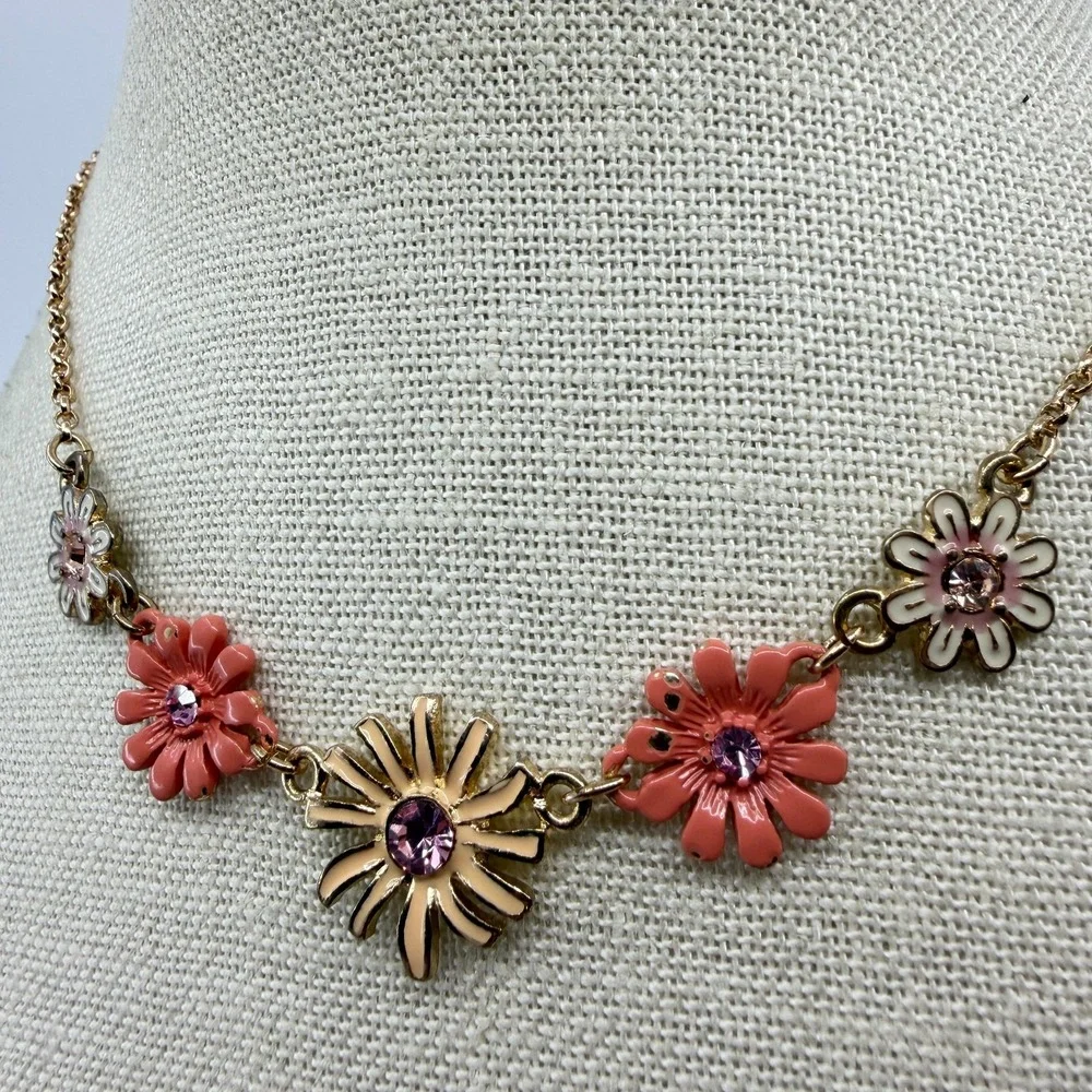 Gold Tone Pink Floral Rhinestone Necklace Daisy Coquette Cottagecore Gift